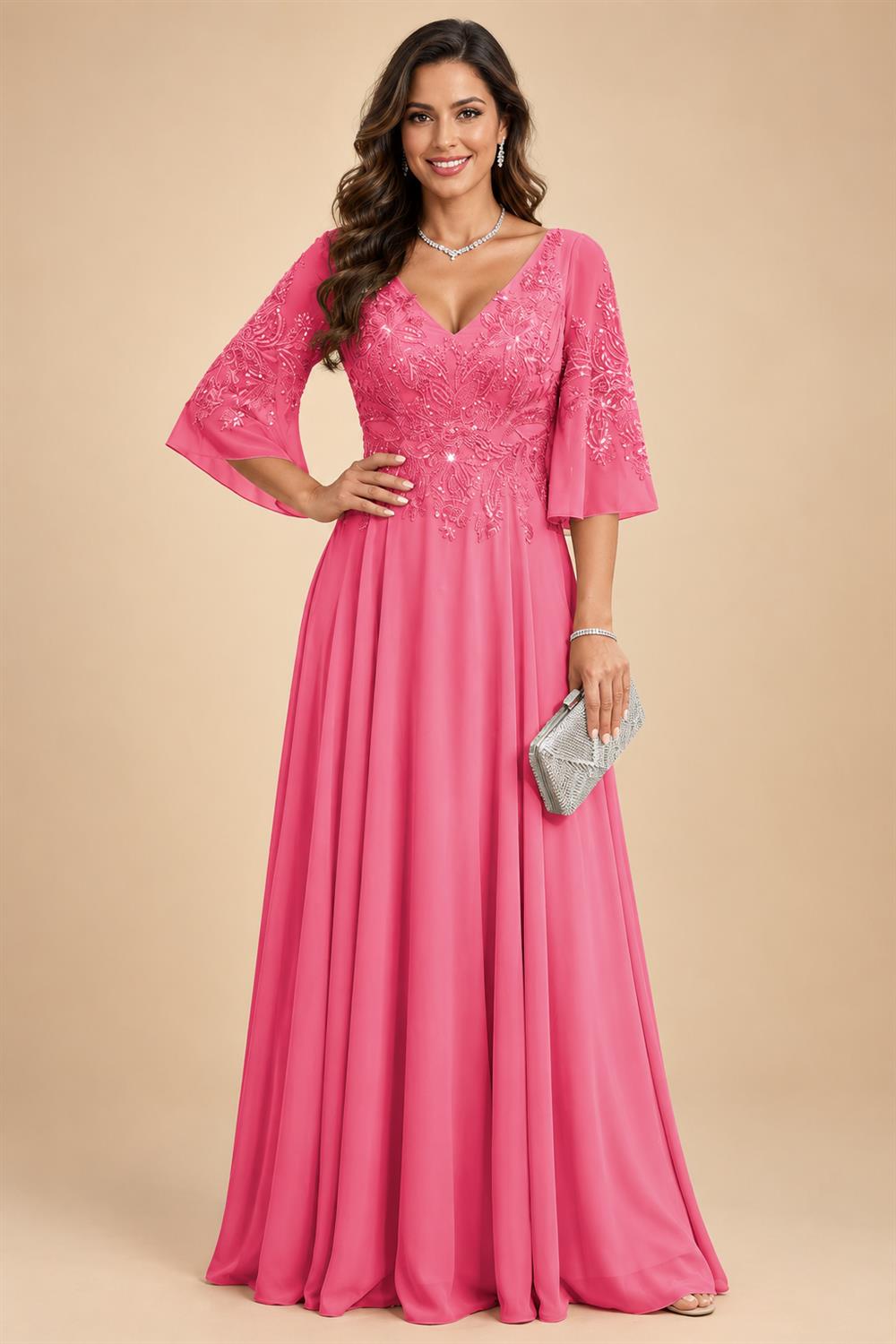 A-Line Chiffon 3/4 Flutter Sleeves Mother of the Bride & Groom Dresses with Beaded Lace Embroidered Bodice (SHI22500645)