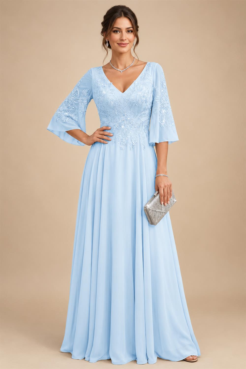 A-Line Chiffon 3/4 Flutter Sleeves Mother of the Bride & Groom Dresses with Beaded Lace Embroidered Bodice (SHI22500645)
