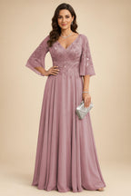 A-Line Chiffon 3/4 Flutter Sleeves Mother of the Bride & Groom Dresses with Beaded Lace Embroidered Bodice (SHI22500645)