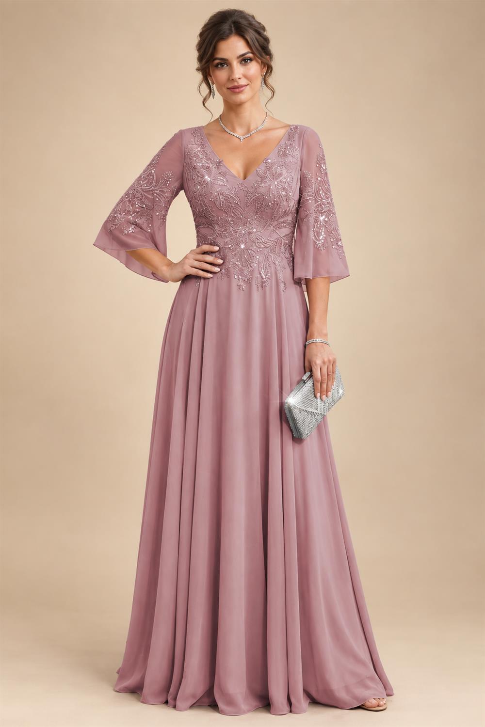 A-Line Chiffon 3/4 Flutter Sleeves Mother of the Bride & Groom Dresses with Beaded Lace Embroidered Bodice (SHI22500645)