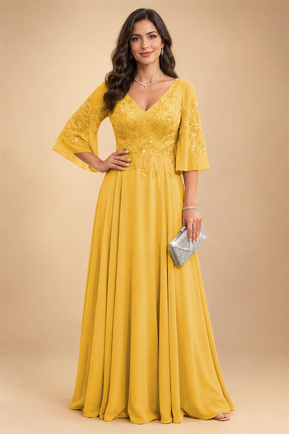A-Line Chiffon 3/4 Flutter Sleeves Mother of the Bride & Groom Dresses with Beaded Lace Embroidered Bodice (SHI22500645)