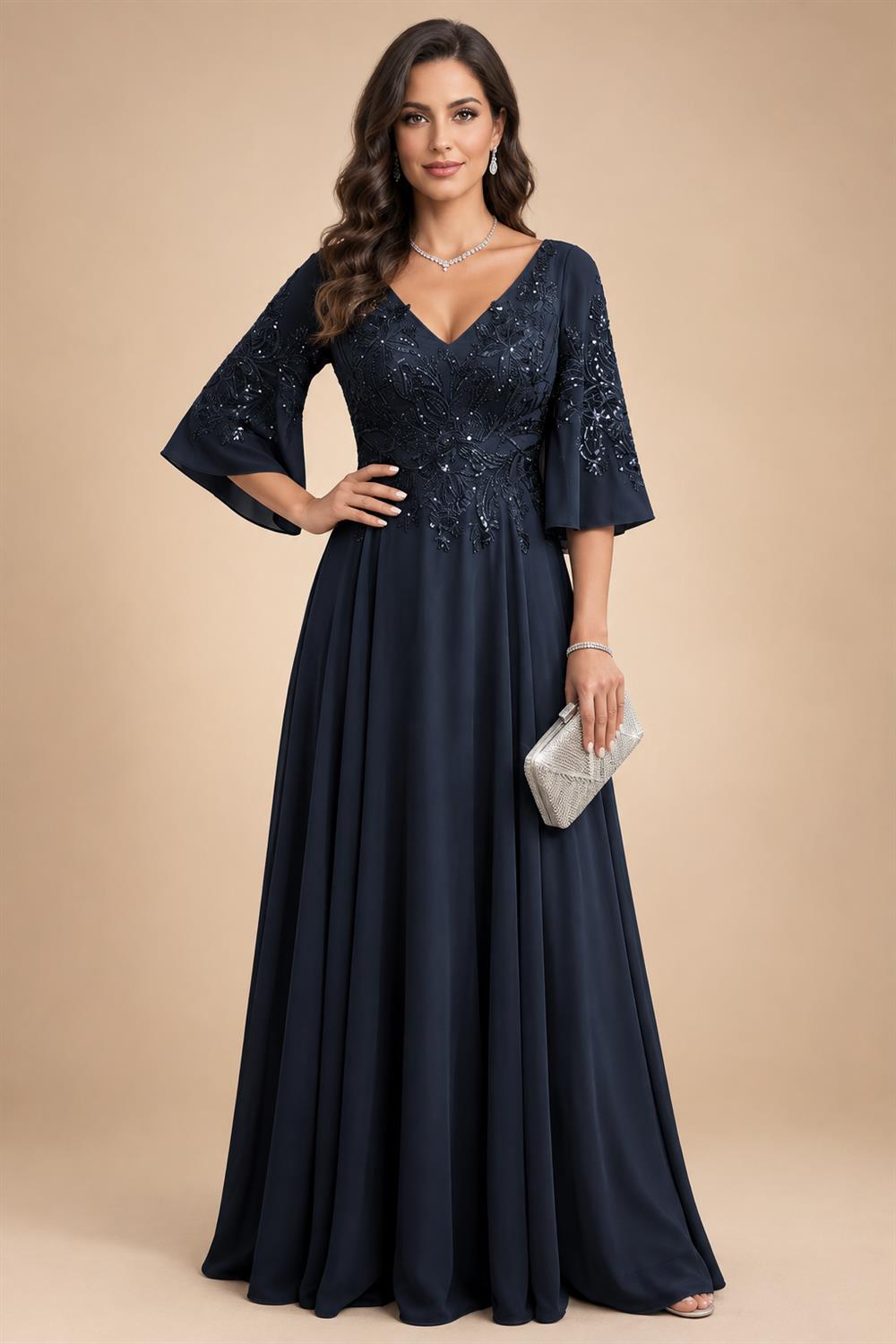 A-Line Chiffon 3/4 Flutter Sleeves Mother of the Bride & Groom Dresses with Beaded Lace Embroidered Bodice (SHI22500645)