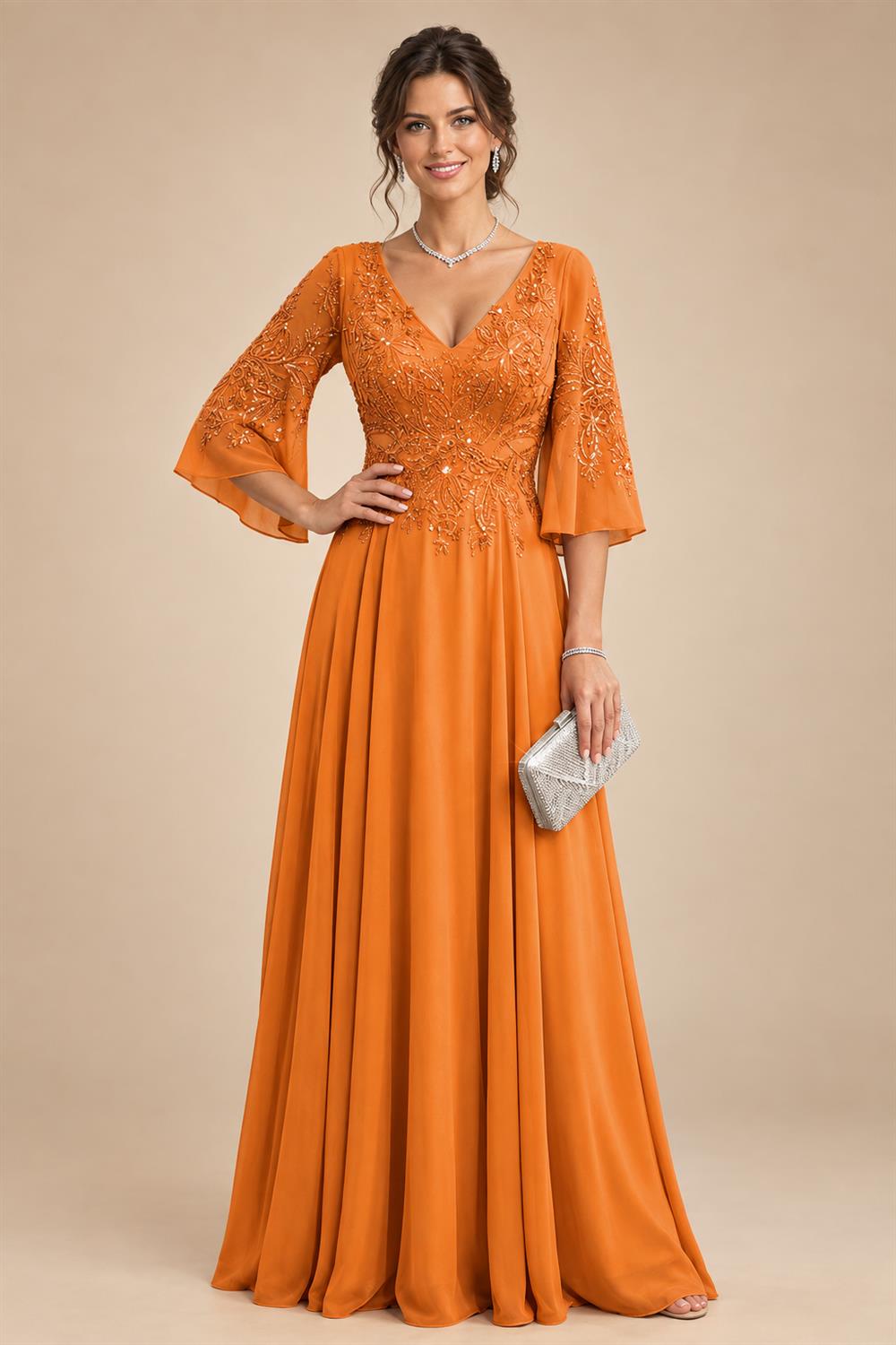 A-Line Chiffon 3/4 Flutter Sleeves Mother of the Bride & Groom Dresses with Beaded Lace Embroidered Bodice (SHI22500645)