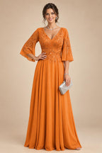 A-Line Chiffon 3/4 Flutter Sleeves Mother of the Bride & Groom Dresses with Beaded Lace Embroidered Bodice (SHI22500645)