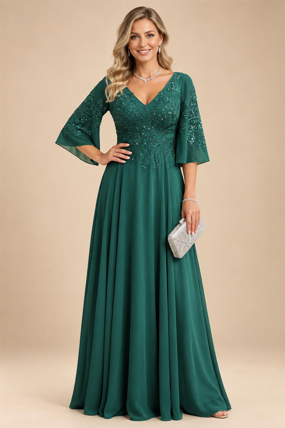 A-Line Chiffon 3/4 Flutter Sleeves Mother of the Bride & Groom Dresses with Beaded Lace Embroidered Bodice (SHI22500645)