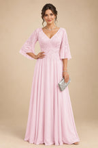 A-Line Chiffon 3/4 Flutter Sleeves Mother of the Bride & Groom Dresses with Beaded Lace Embroidered Bodice (SHI22500645)