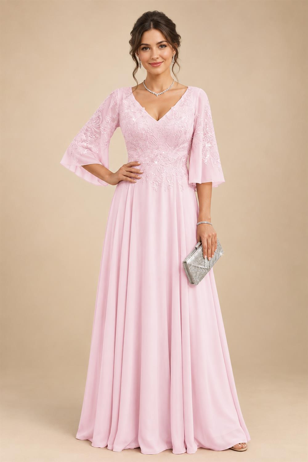 A-Line Chiffon 3/4 Flutter Sleeves Mother of the Bride & Groom Dresses with Beaded Lace Embroidered Bodice (SHI22500645)