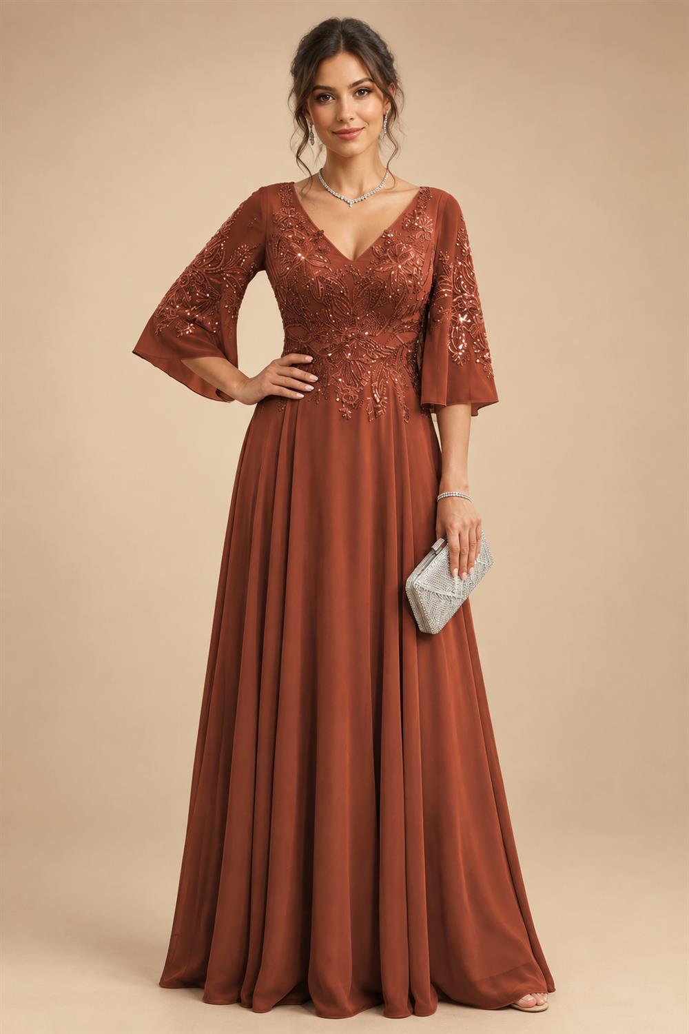 A-Line Chiffon 3/4 Flutter Sleeves Mother of the Bride & Groom Dresses with Beaded Lace Embroidered Bodice (SHI22500645)