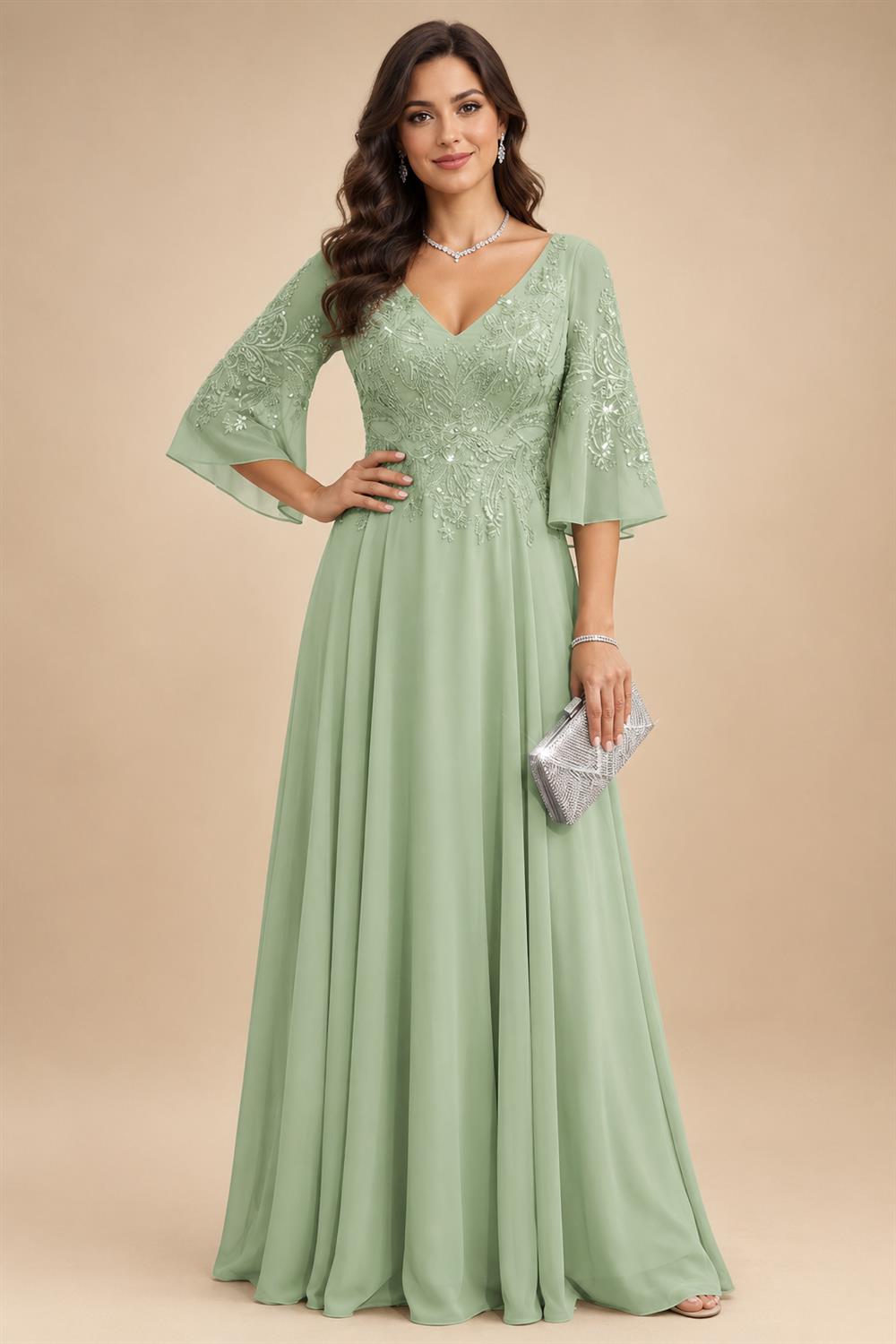 A-Line Chiffon 3/4 Flutter Sleeves Mother of the Bride & Groom Dresses with Beaded Lace Embroidered Bodice (SHI22500645)