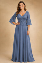 A-Line Chiffon 3/4 Flutter Sleeves Mother of the Bride & Groom Dresses with Beaded Lace Embroidered Bodice (SHI22500645)