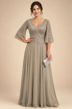 A-Line Chiffon 3/4 Flutter Sleeves Mother of the Bride & Groom Dresses with Beaded Lace Embroidered Bodice (SHI22500645)