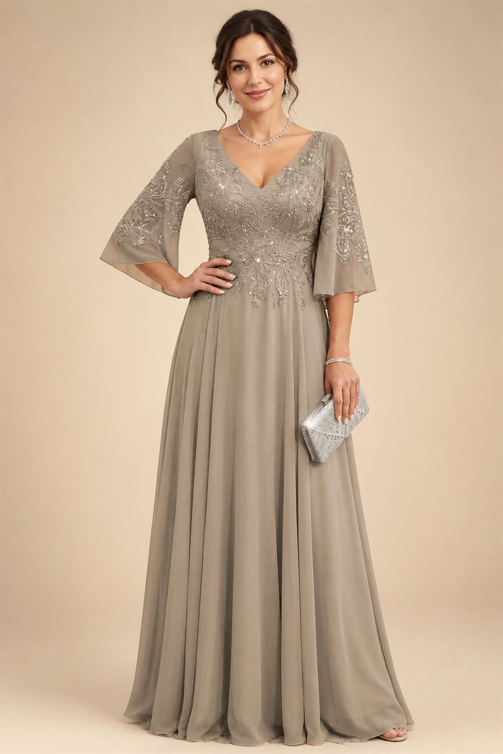 A-Line Chiffon 3/4 Flutter Sleeves Mother of the Bride & Groom Dresses with Beaded Lace Embroidered Bodice (SHI22500645)