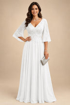 A-Line Chiffon 3/4 Flutter Sleeves Mother of the Bride & Groom Dresses with Beaded Lace Embroidered Bodice (SHI22500645)
