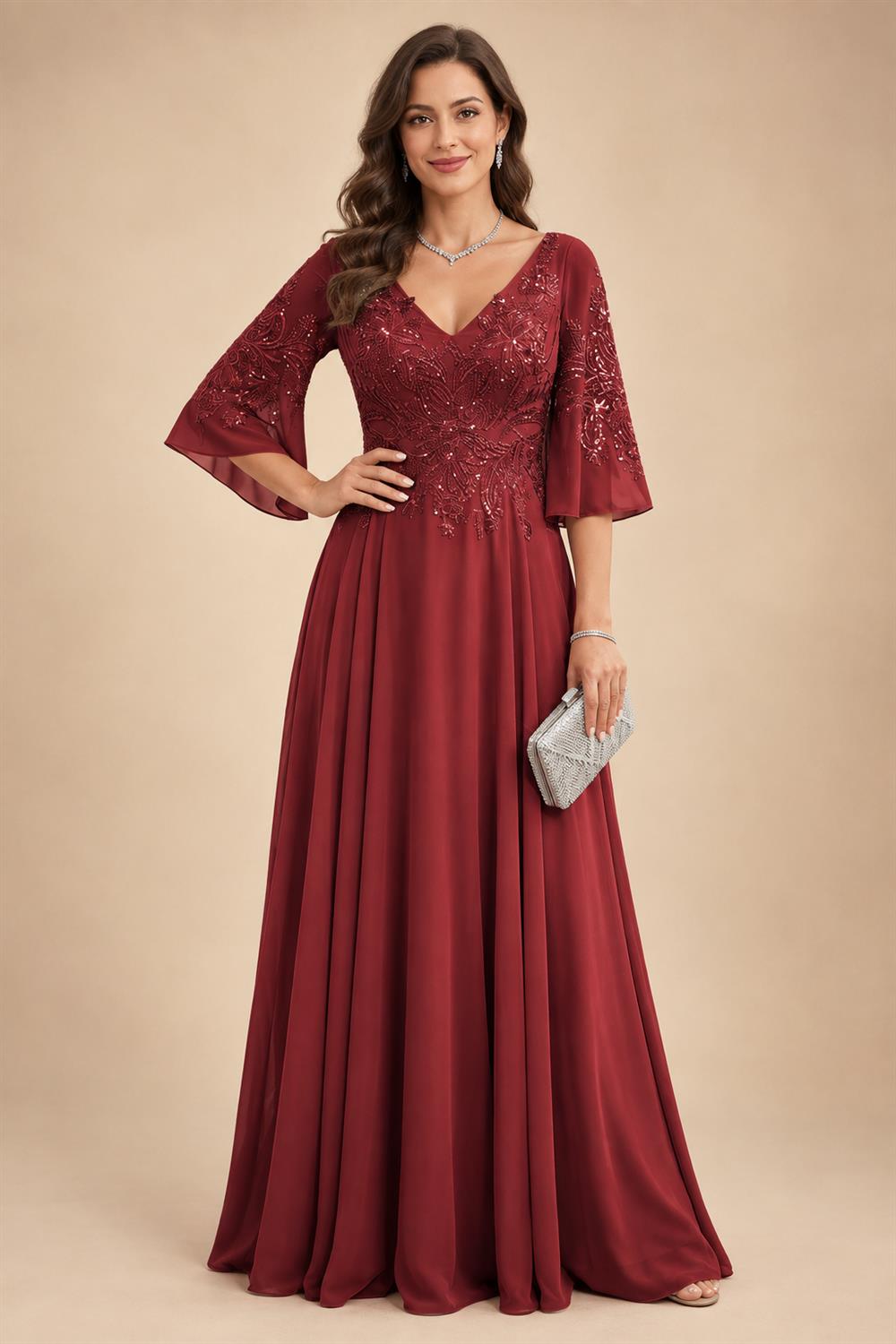 A-Line Chiffon 3/4 Flutter Sleeves Mother of the Bride & Groom Dresses with Beaded Lace Embroidered Bodice (SHI22500645)