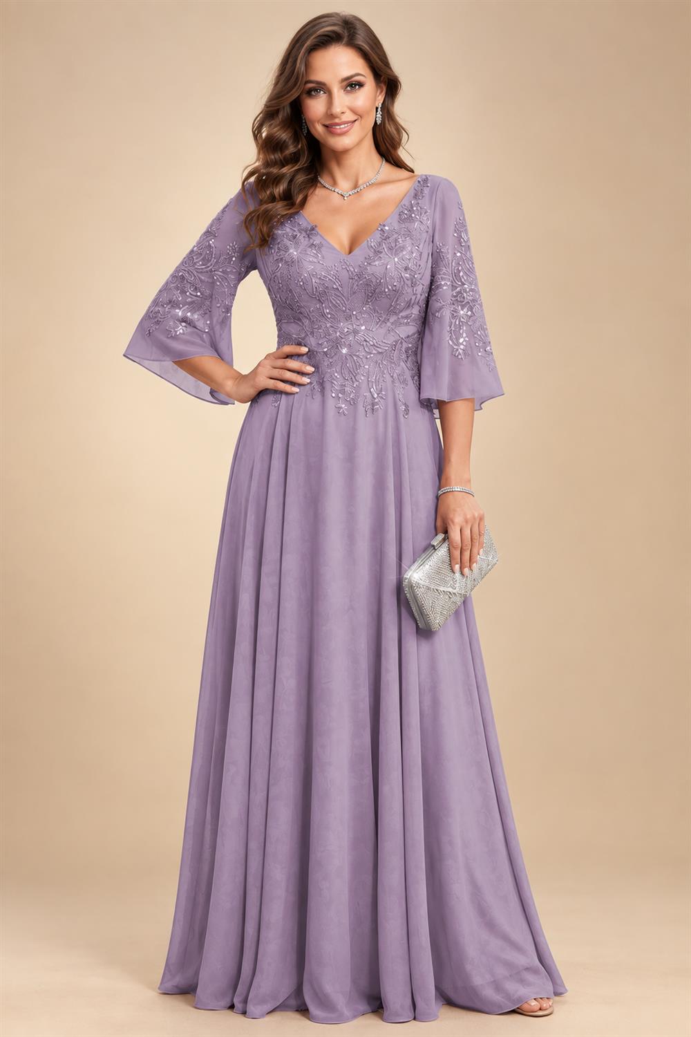 A-Line Chiffon 3/4 Flutter Sleeves Mother of the Bride & Groom Dresses with Beaded Lace Embroidered Bodice (SHI22500645)