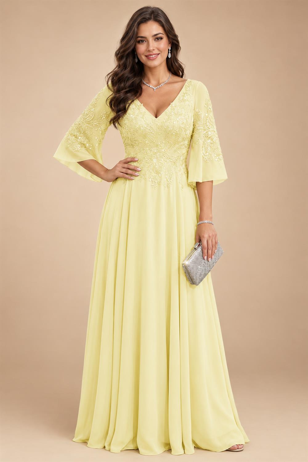 A-Line Chiffon 3/4 Flutter Sleeves Mother of the Bride & Groom Dresses with Beaded Lace Embroidered Bodice (SHI22500645)