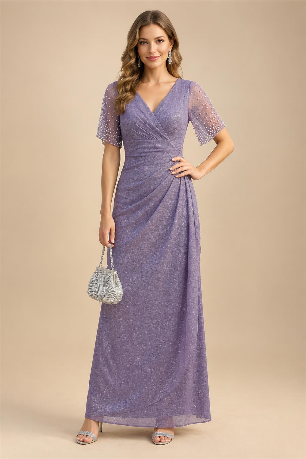 A-Line Chiffon V-Neck Short Sleeve Mother of the Bride Dresses Floor-Length with Sequin Appliques (SHI22500297)