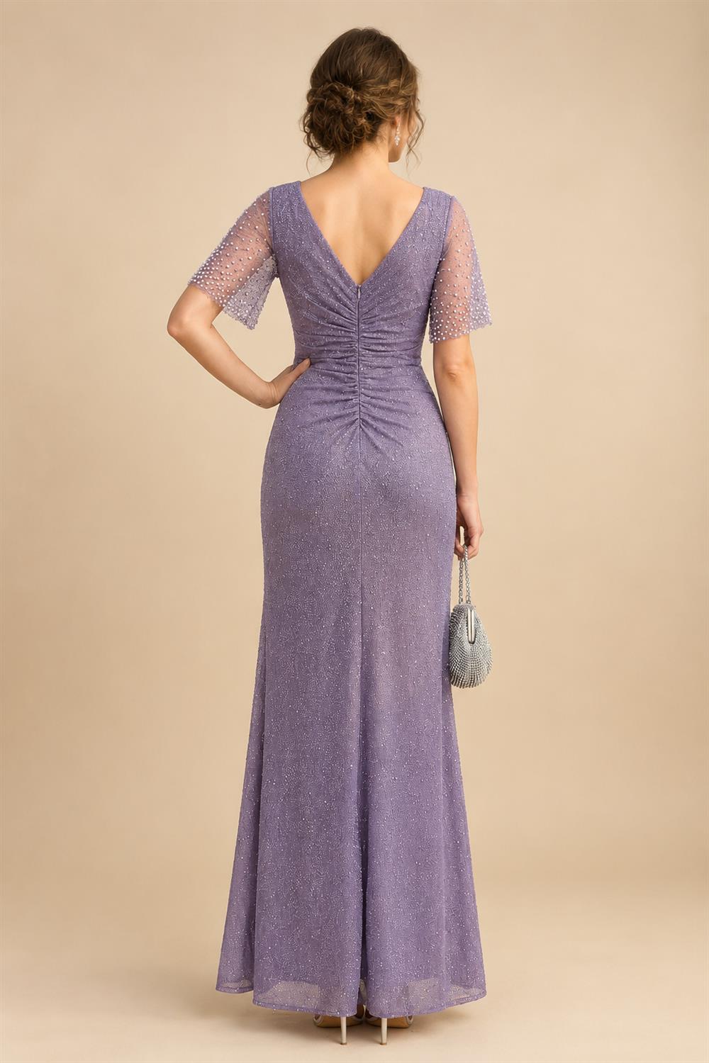 A-Line Chiffon V-Neck Short Sleeve Mother of the Bride Dresses Floor-Length with Sequin Appliques (SHI22500297)