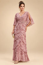 Sheath/Column Lace Appliques Maxi Mother of the Bride & Groom Dresses with Ruched Waist & Satin Bodice (SHI22501596)