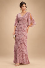 Sheath/Column Scoop Neck Chiffon Maxi Mother of the Bride & Groom Dresses with Lace Appliques, Sweep Train & Ruched Waist (SHI22501642)