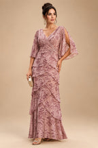 A-Line/Princess V-Neck Chiffon Maxi Mother of the Bride & Groom Dresses with Lace Appliques, Sweep Train, Ruffles, 3D Flowers & Ruched Waist (SHI22501653)