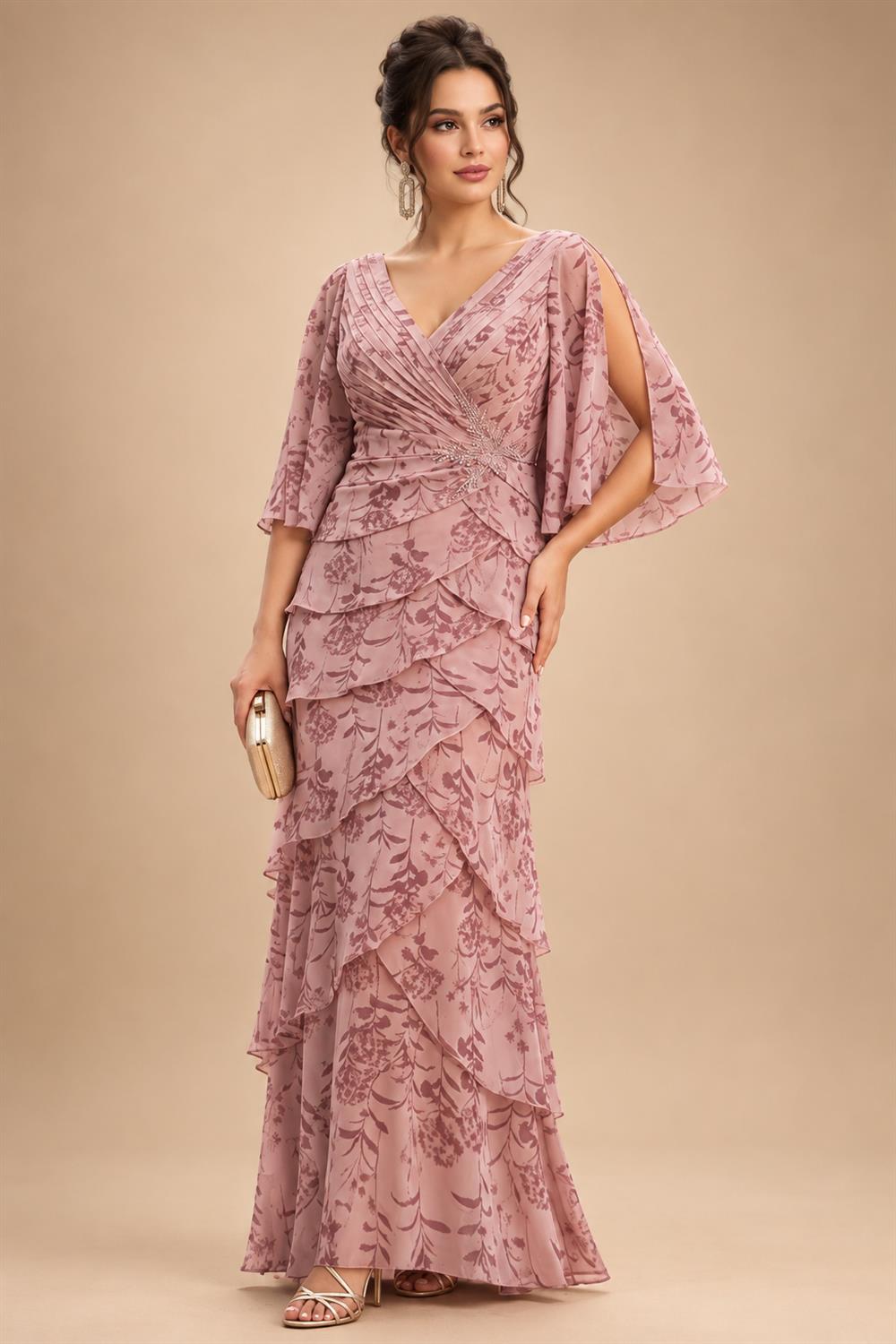 A-Line Chiffon Floral Print 3/4 Cape Sleeves Tiered Mother of the Bride & Groom Dresses with Beaded Waist Embellishment (SHI22500669)