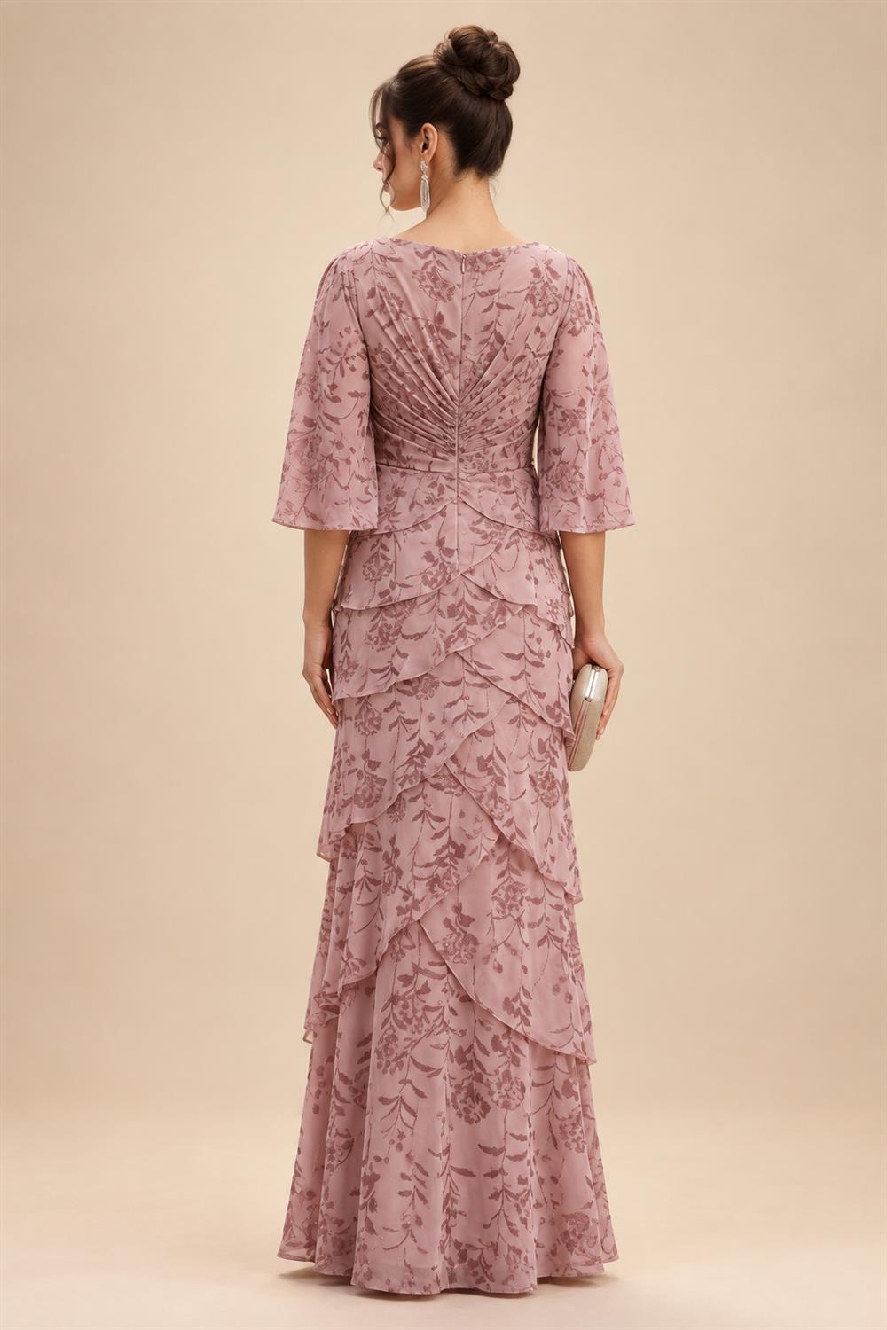 A-Line/Princess V-Neck Chiffon Maxi Mother of the Bride & Groom Dresses with Lace Appliques, Sweep Train & Bow (SHI22501641)