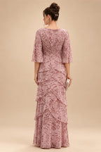 Sheath/Column Scoop Neck Chiffon Maxi Mother of the Bride & Groom Dresses with Lace Appliques, Sweep Train & Ruched Waist (SHI22501642)