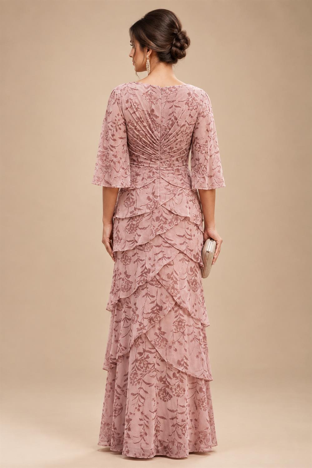 A-Line Chiffon Floral Print 3/4 Cape Sleeves Tiered Mother of the Bride & Groom Dresses with Beaded Waist Embellishment (SHI22500669)