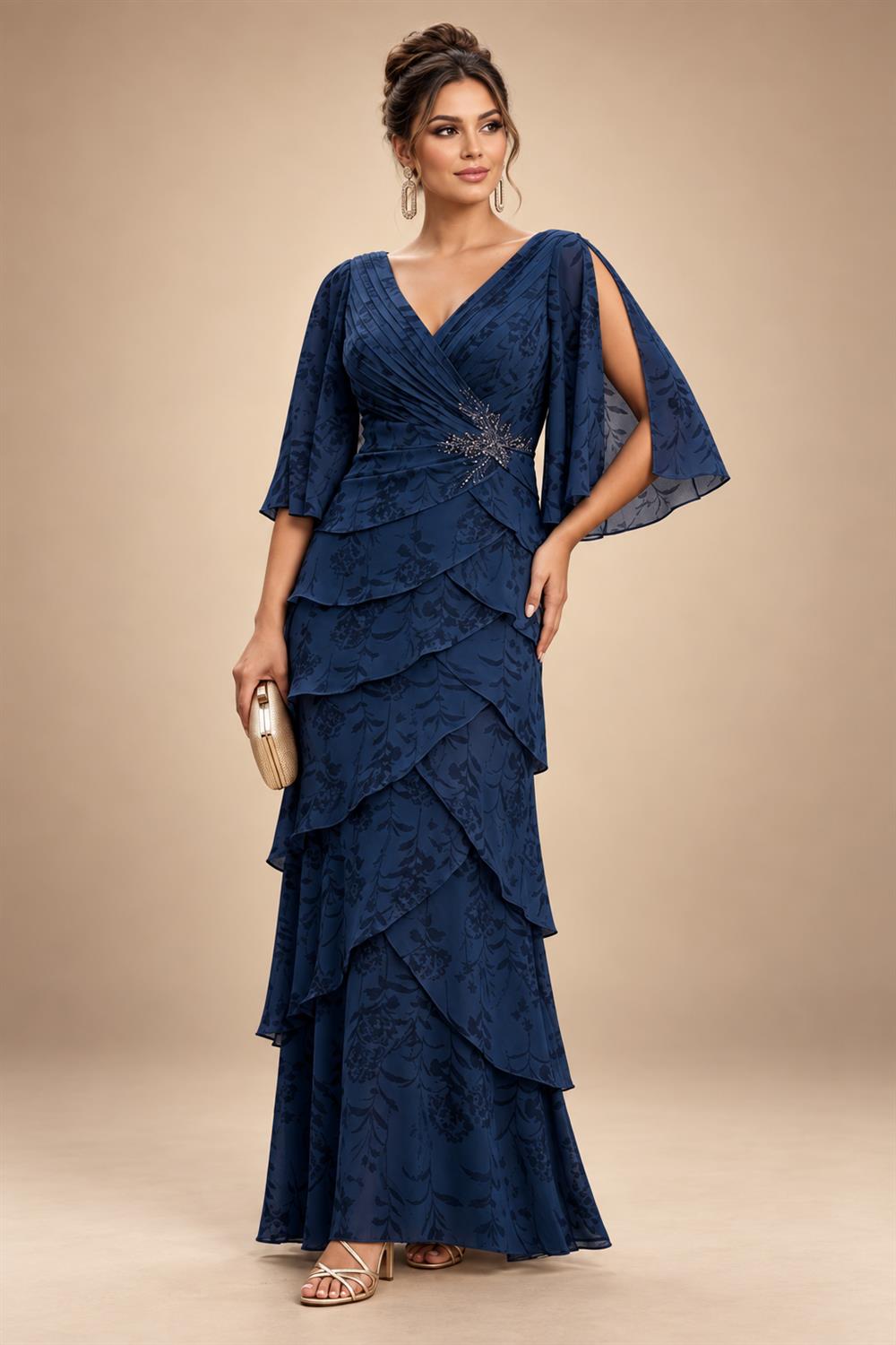 A-Line Chiffon Floral Print 3/4 Cape Sleeves Tiered Mother of the Bride & Groom Dresses with Beaded Waist Embellishment (SHI22500669)