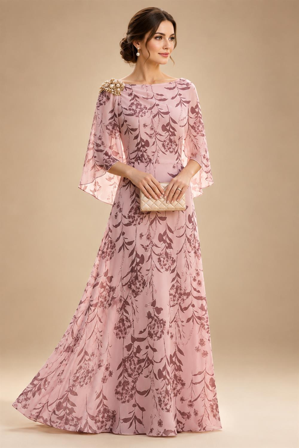A-Line Chiffon Floral Print 3/4 Cape Sleeves Tiered Mother of the Bride & Groom Dresses with Beaded Waist Embellishment (SHI22500669)