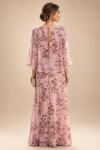 A-Line Chiffon Floral Print 3/4 Cape Sleeves Tiered Mother of the Bride & Groom Dresses with Beaded Waist Embellishment (SHI22500669)