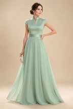 A-Line/Princess V-Neck Chiffon Maxi Mother of the Bride & Groom Dresses with Side Sash, Sweep Train & Ruched Bodice (SHI22501629)