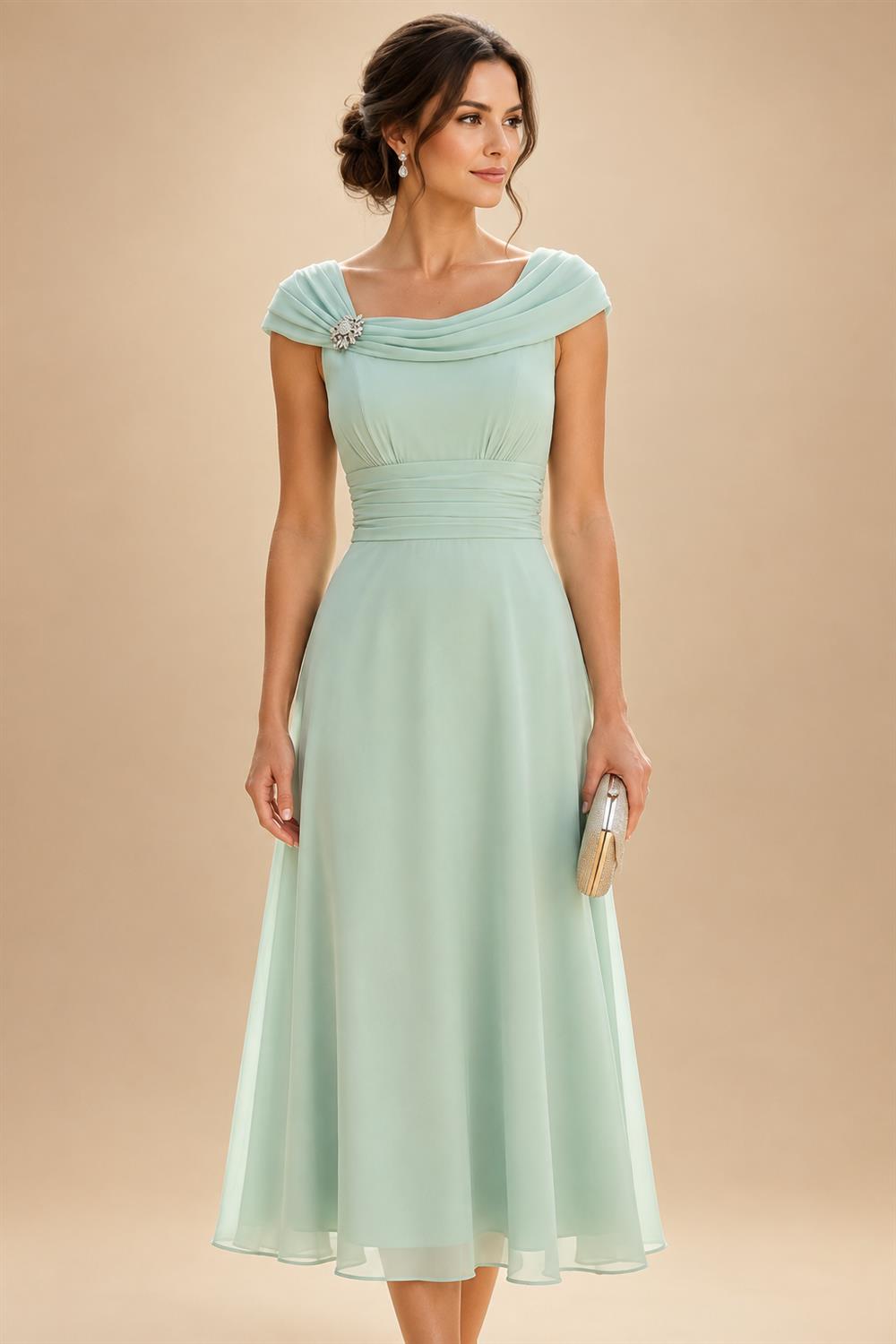 Lightweight Sheath Tea-Length Chiffon Mother of the Bride & Groom Dresses with Cowl Neck & Ruched Waist (SHI22500689)