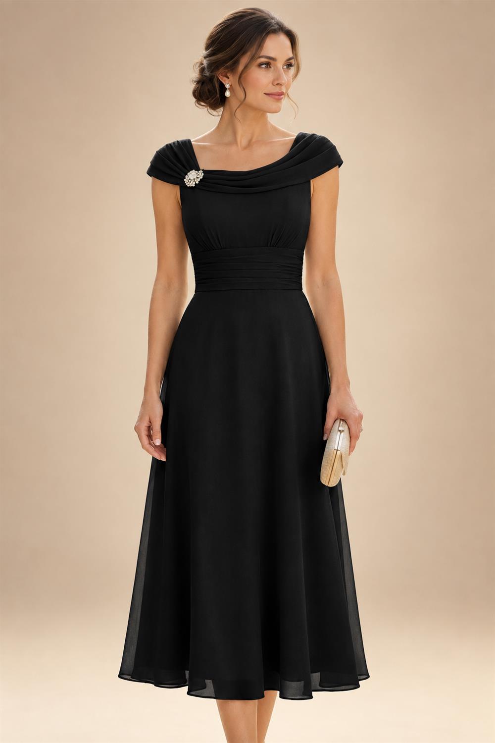 Lightweight Sheath Tea-Length Chiffon Mother of the Bride & Groom Dresses with Cowl Neck & Ruched Waist (SHI22500689)