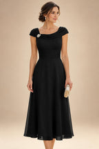 Lightweight Sheath Tea-Length Chiffon Mother of the Bride & Groom Dresses with Cowl Neck & Ruched Waist (SHI22500689)