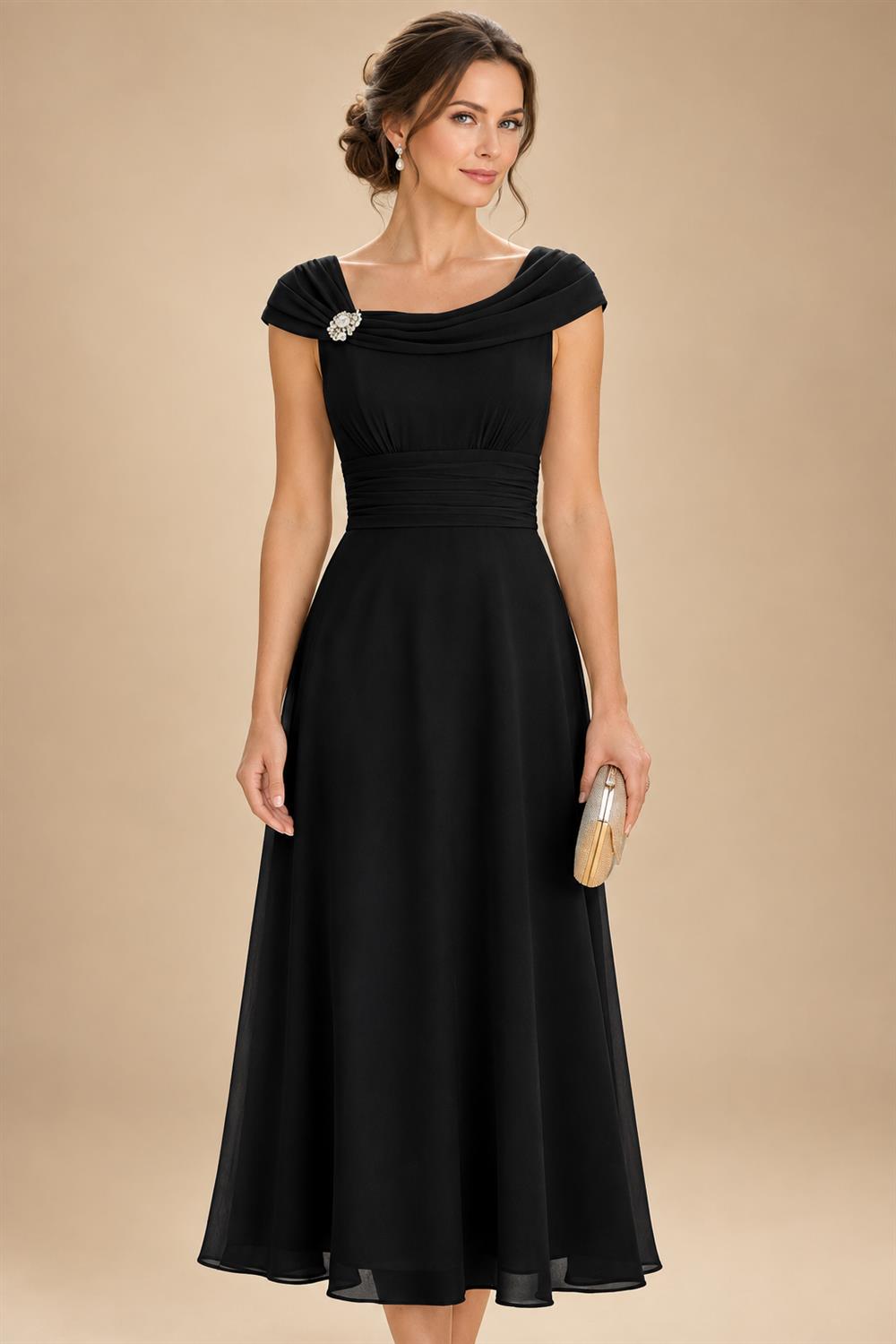 Lightweight Sheath Tea-Length Chiffon Mother of the Bride & Groom Dresses with Cowl Neck & Ruched Waist (SHI22500689)