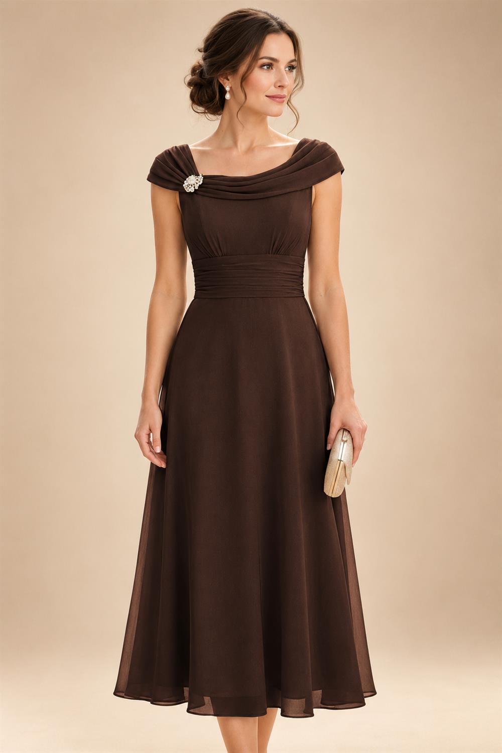 Lightweight Sheath Tea-Length Chiffon Mother of the Bride & Groom Dresses with Cowl Neck & Ruched Waist (SHI22500689)