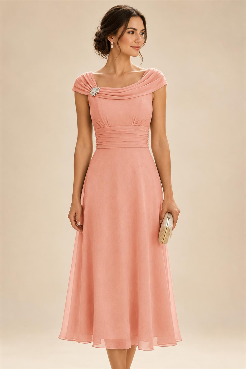 Lightweight Sheath Tea-Length Chiffon Mother of the Bride & Groom Dresses with Cowl Neck & Ruched Waist (SHI22500689)