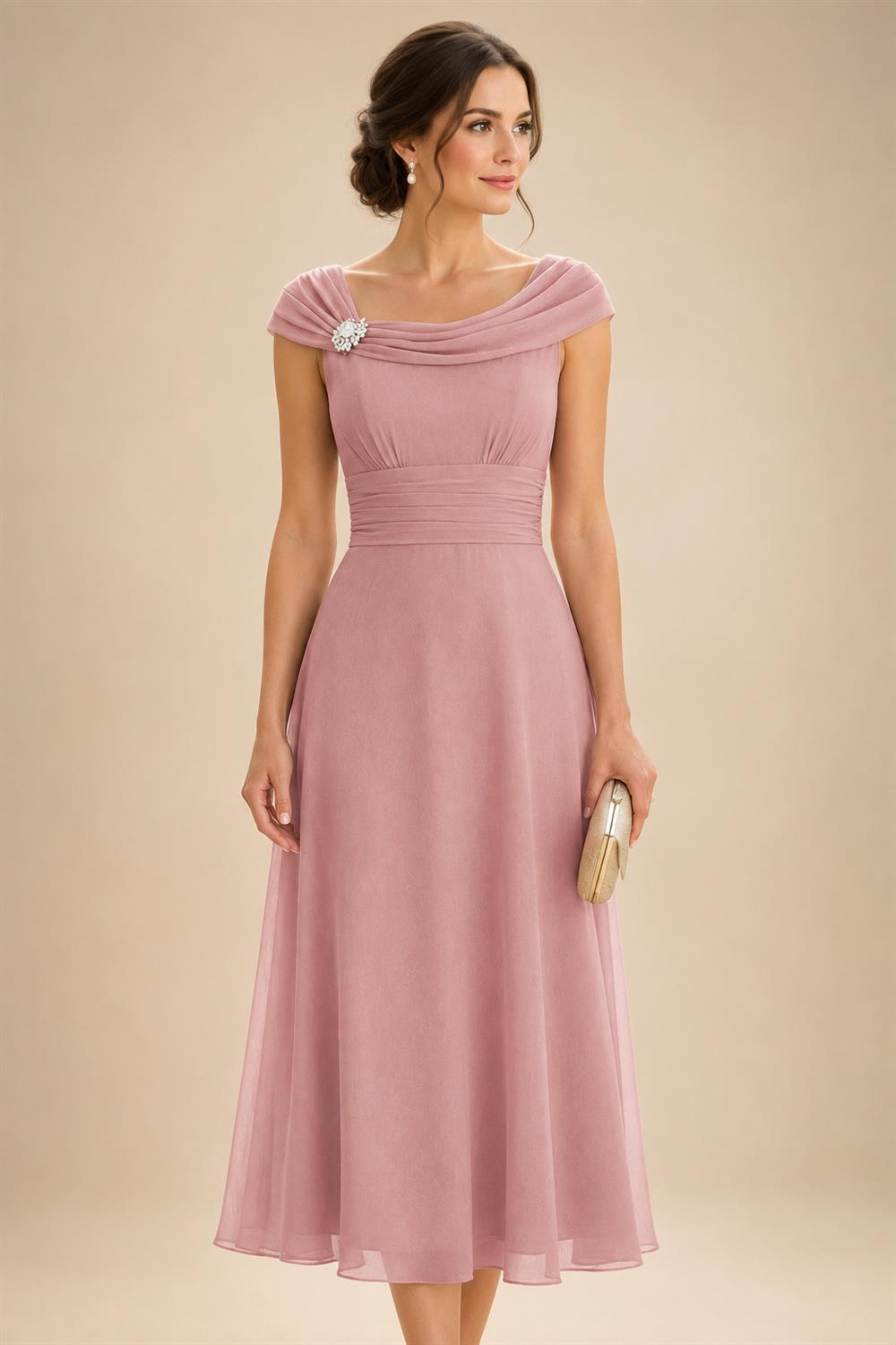 Lightweight Sheath Tea-Length Chiffon Mother of the Bride & Groom Dresses with Cowl Neck & Ruched Waist (SHI22500689)