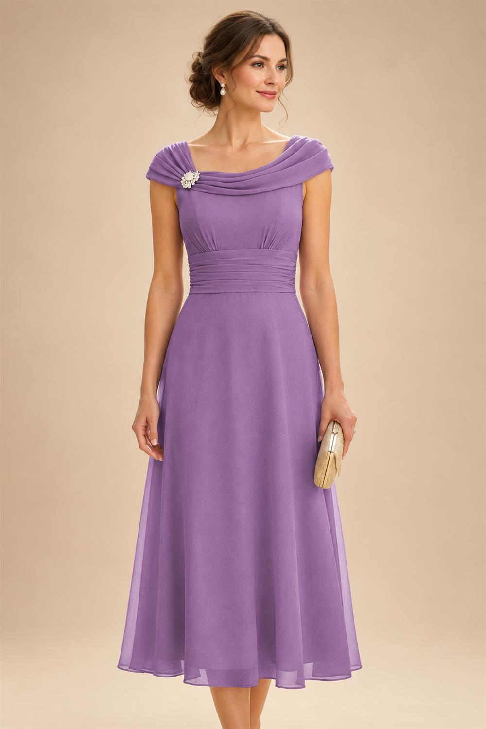 Lightweight Sheath Tea-Length Chiffon Mother of the Bride & Groom Dresses with Cowl Neck & Ruched Waist (SHI22500689)