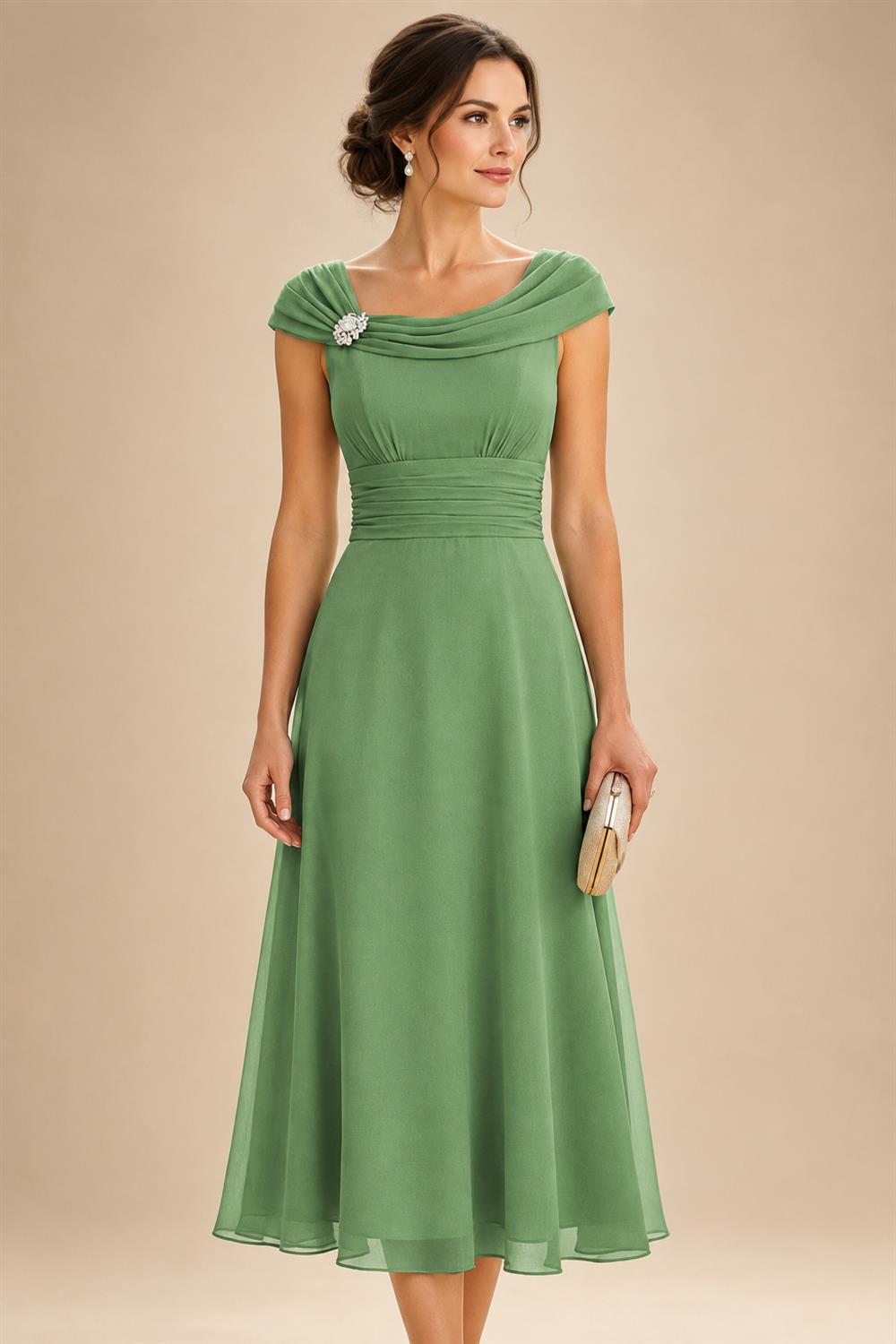 Lightweight Sheath Tea-Length Chiffon Mother of the Bride & Groom Dresses with Cowl Neck & Ruched Waist (SHI22500689)