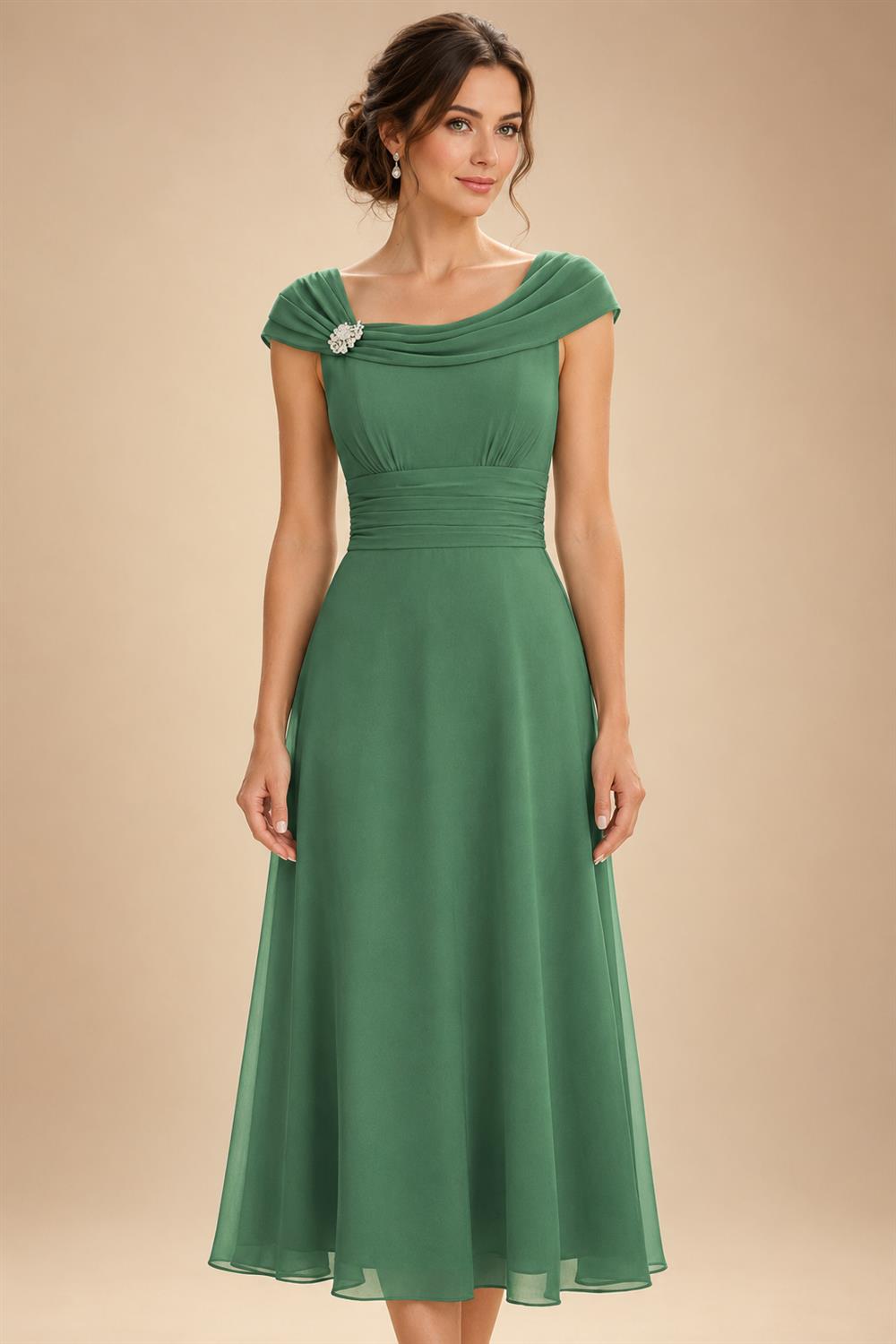 Lightweight Sheath Tea-Length Chiffon Mother of the Bride & Groom Dresses with Cowl Neck & Ruched Waist (SHI22500689)