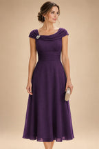 Lightweight Sheath Tea-Length Chiffon Mother of the Bride & Groom Dresses with Cowl Neck & Ruched Waist (SHI22500689)