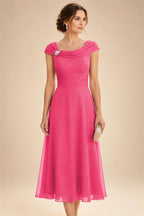 Lightweight Sheath Tea-Length Chiffon Mother of the Bride & Groom Dresses with Cowl Neck & Ruched Waist (SHI22500689)