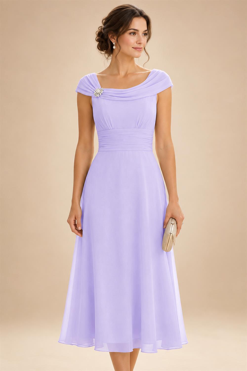 Lightweight Sheath Tea-Length Chiffon Mother of the Bride & Groom Dresses with Cowl Neck & Ruched Waist (SHI22500689)