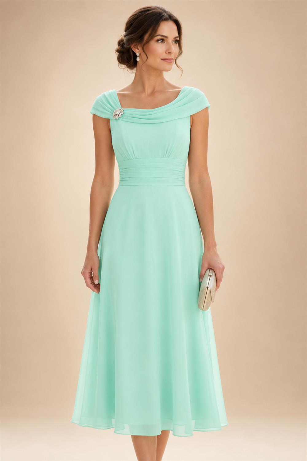 Lightweight Sheath Tea-Length Chiffon Mother of the Bride & Groom Dresses with Cowl Neck & Ruched Waist (SHI22500689)