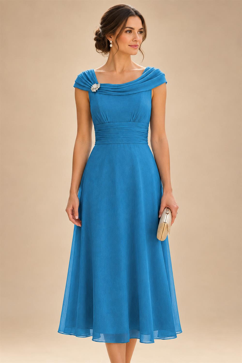Lightweight Sheath Tea-Length Chiffon Mother of the Bride & Groom Dresses with Cowl Neck & Ruched Waist (SHI22500689)