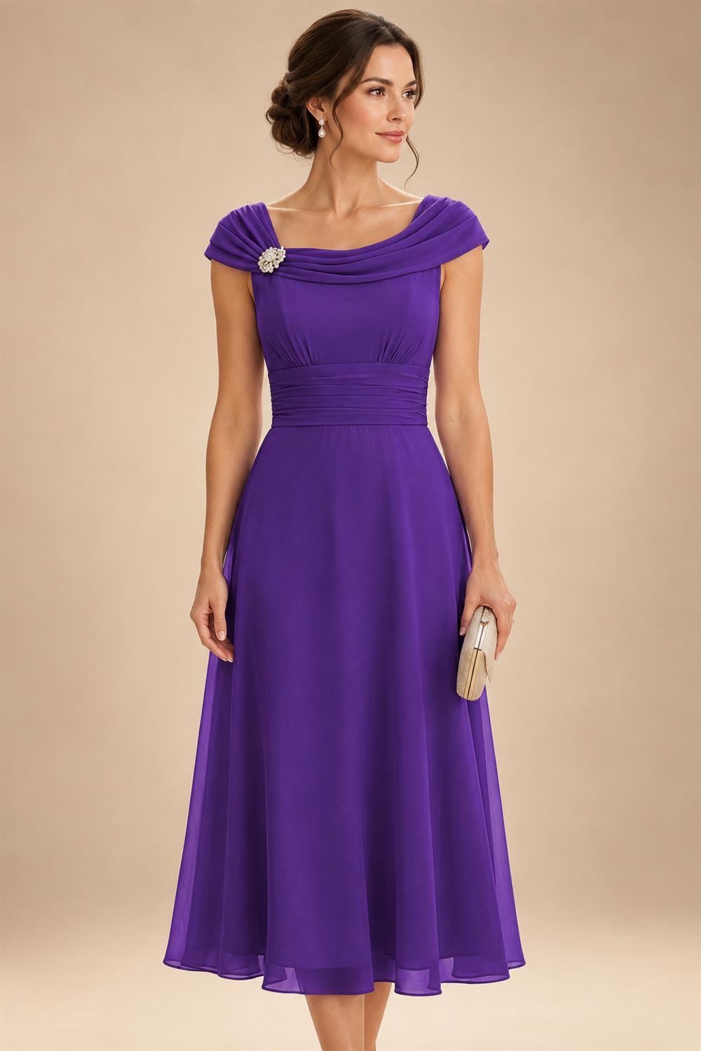 Lightweight Sheath Tea-Length Chiffon Mother of the Bride & Groom Dresses with Cowl Neck & Ruched Waist (SHI22500689)