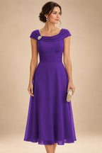 Lightweight Sheath Tea-Length Chiffon Mother of the Bride & Groom Dresses with Cowl Neck & Ruched Waist (SHI22500689)